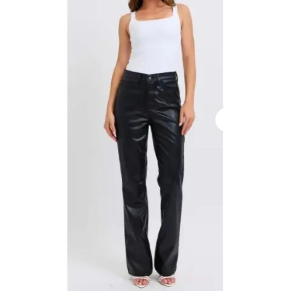 Judy Blue Womens 16 Black Faux Leather Bootcut Tummy Control High Rise Pants - Picture 3 of 16